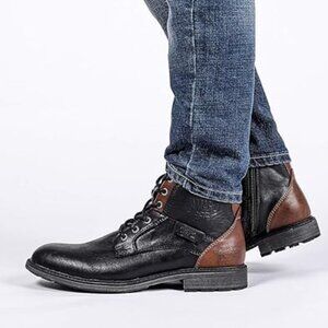 Men Oxford Boots, Buckle Dress Boot, Casual Men Boots Lace-Up Side Zipper-BLK